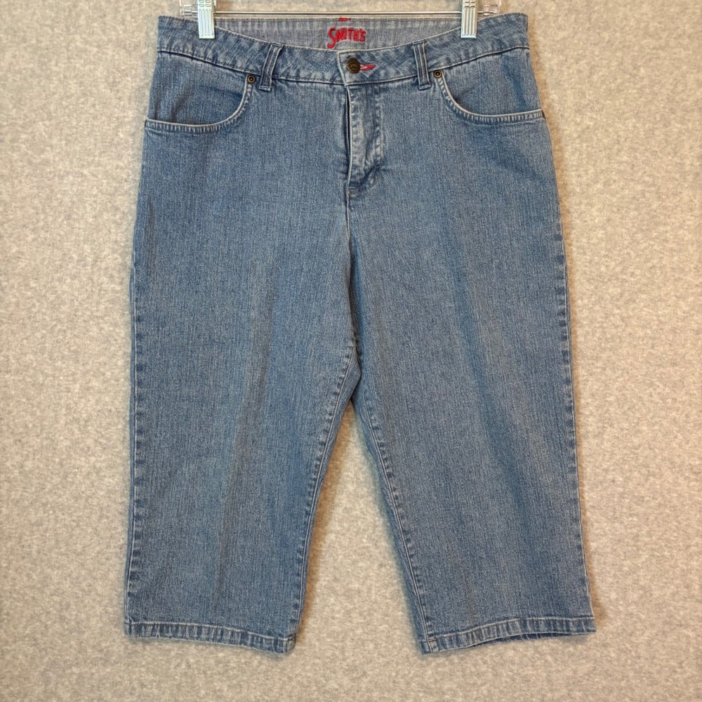 Smiths Dungarees Women's‎ 12 Denim Blue Jeans Crop Capris Stretch Embroidered
